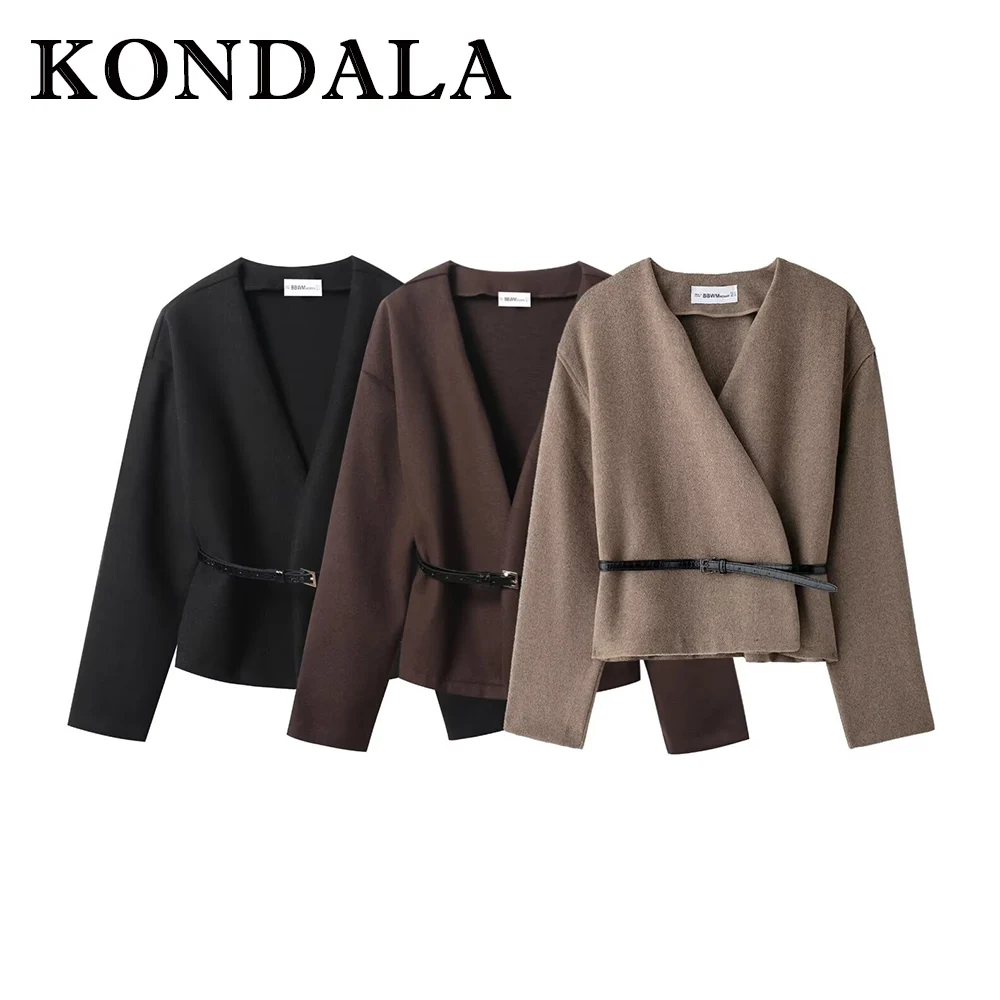 

KONDALA винтажная уличная одежда коричневая женская верхняя одежда мода 2025 осень повседневная винтажная женская прямая куртка с v-образным вырезом и длинными рукавами с поясом