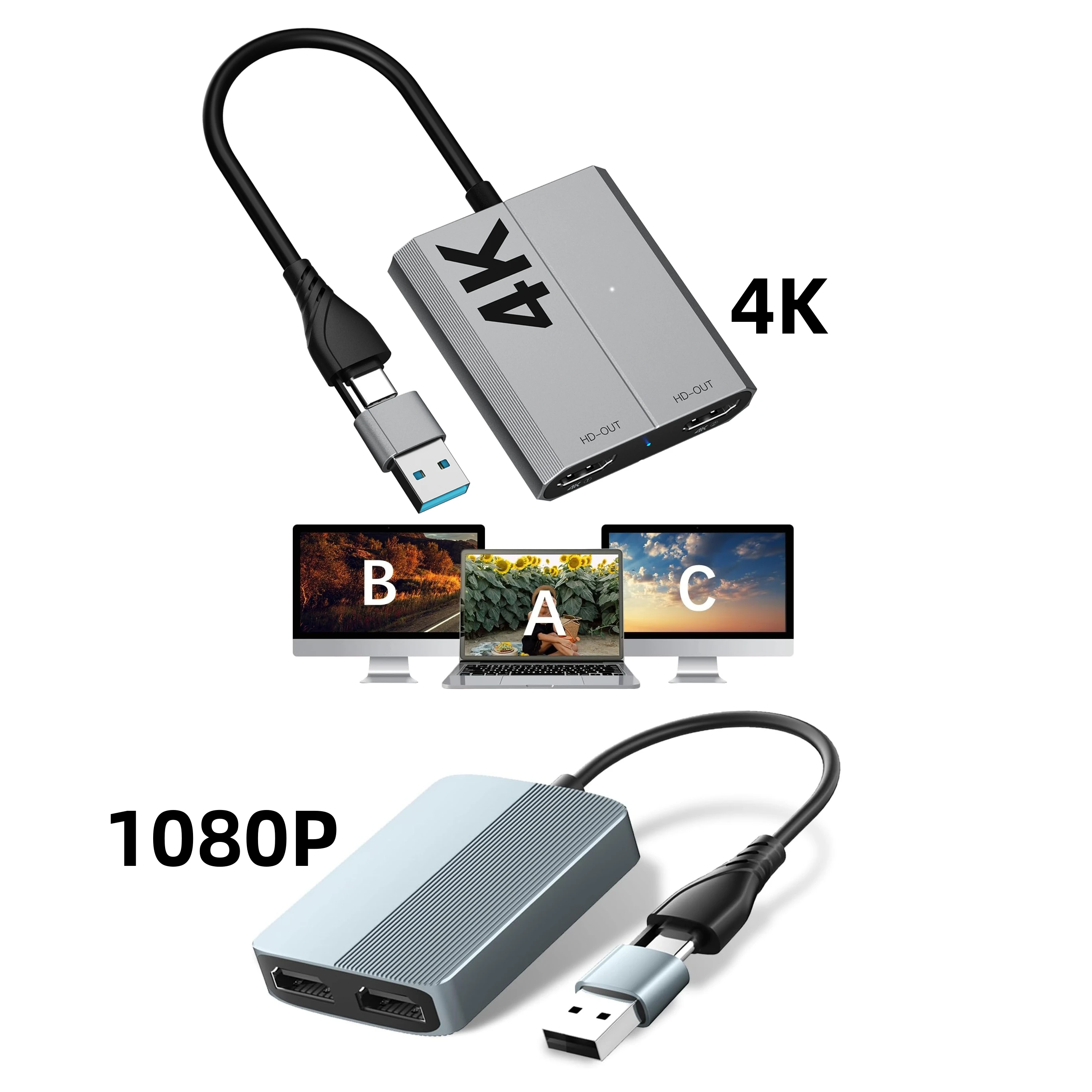 USB-A Type-C to HDMI-compatible Adapter for Dual Monitors Extended Display for M1 M2 Mac10.15 Windows10 11 Laptop PC
