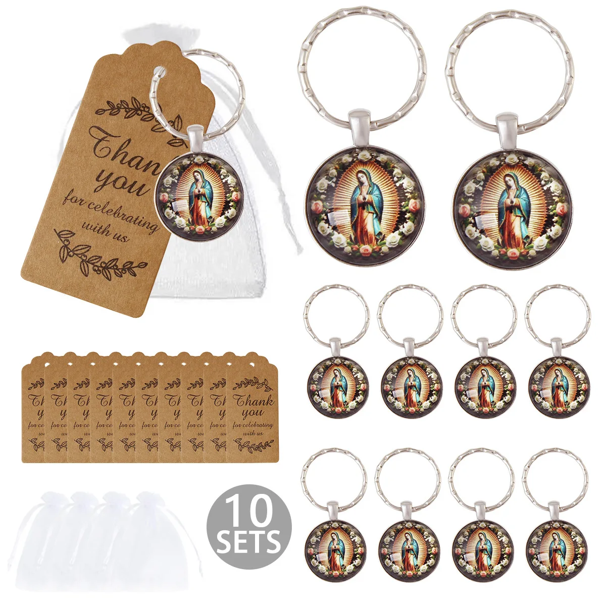 

10 шт., белая марлевая сумка, круглый стеклянный брелок для мужчин и женщин, подарочный орнамент, цветы, два голуби, набор брелоков Девы Марии