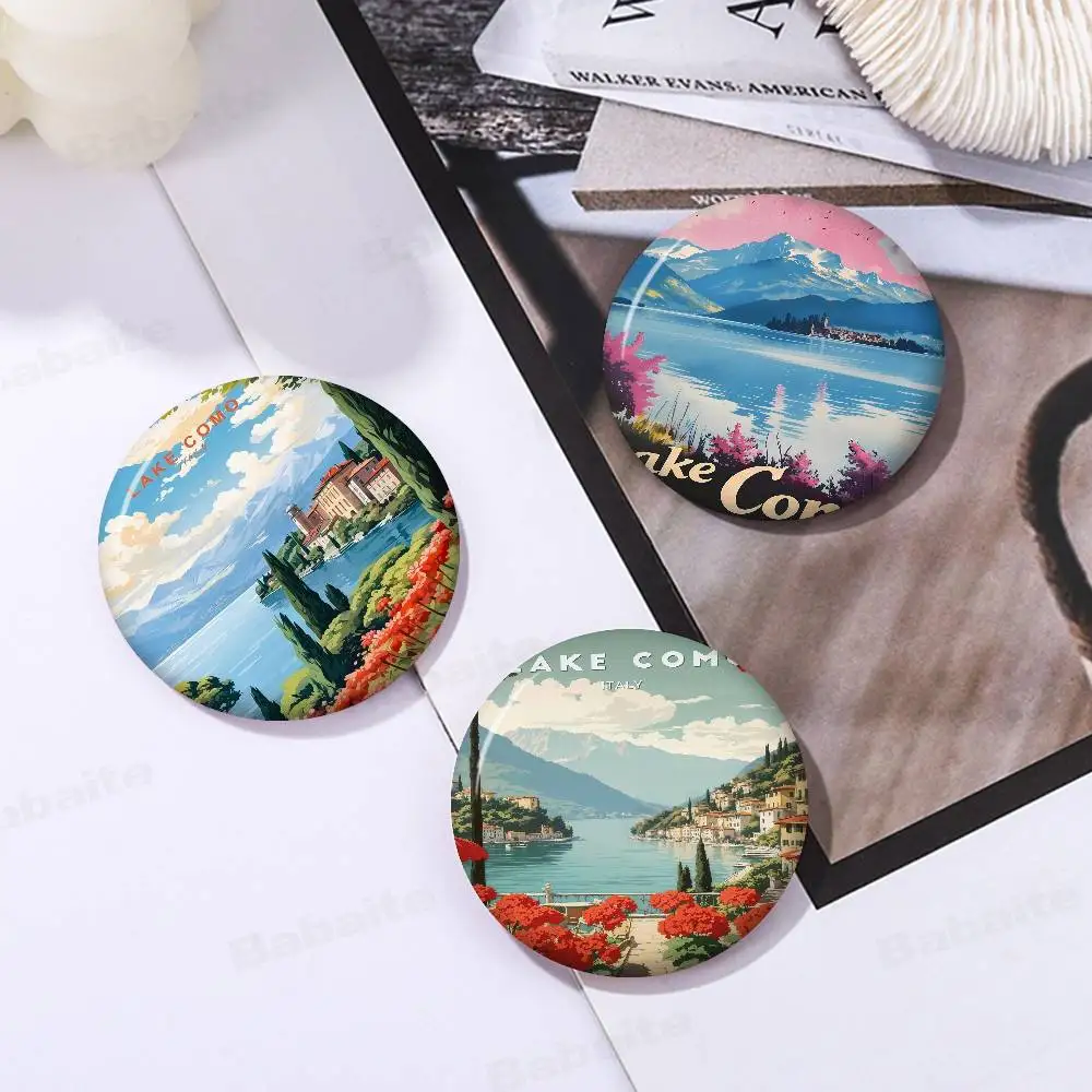 Lago Como Barcelona Retro 32/44/58mm broches redondos de dibujos animados pines hechos a mano para mochila accesorios de joyería regalos insignia creativa