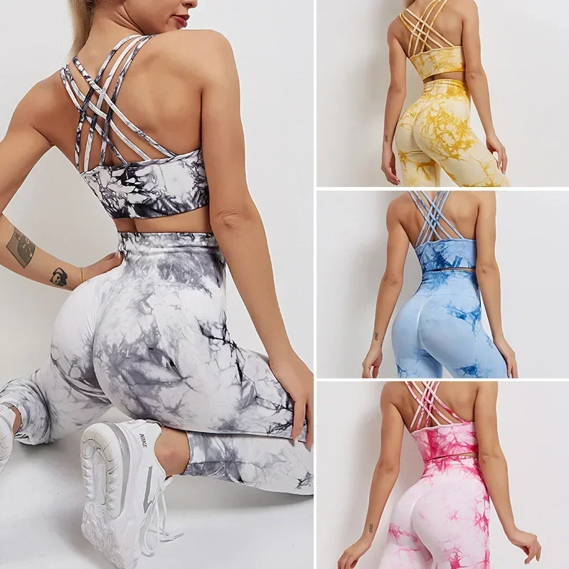 Seamless Tie-Dyed Yoga Sets Sports Fitness High Waist Hip Raise Pants Cutout Bra Suit Workout Clothes Gym Leggings Set for Women