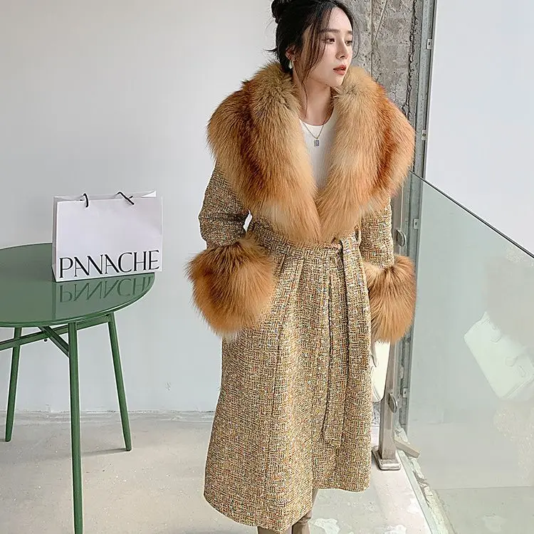 

2024 New Real fur,Luxury Fluffy Real Fox Fur Collar And Cuff Wool Blend Coat For Women New Winter Lady Thick Warm Belted Tweed