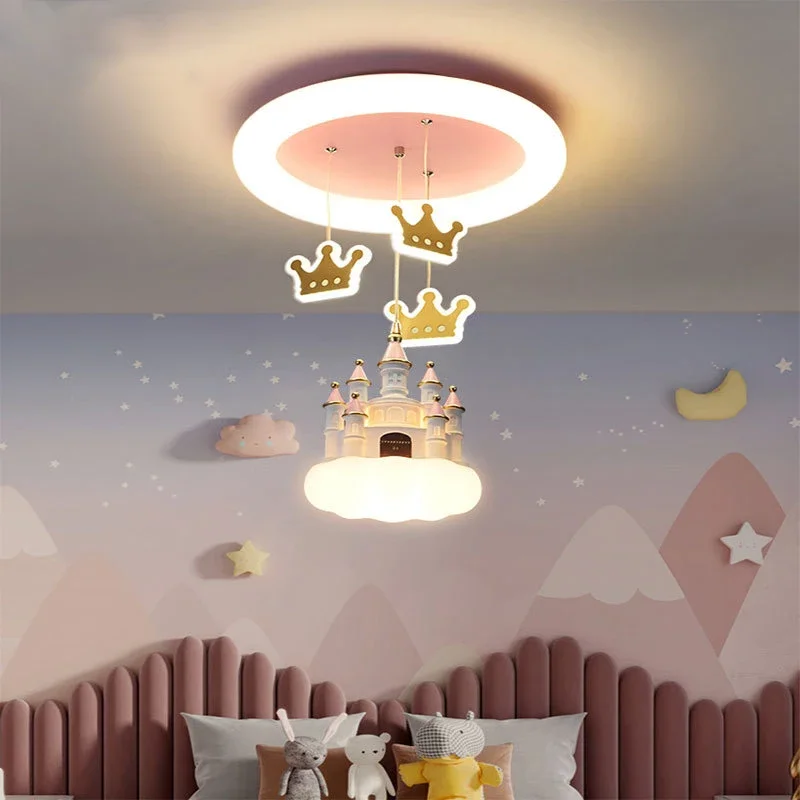 Girl\'s Bedroom Cartoon Creative Pendant Light Pink Fantasy Castle Crown LED Chandelier for Children\'s Room Hanging Lamp Fixtures