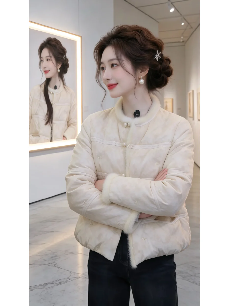 

New Chinese Sle Heavy Embroidery Patchwork down Cotton Jaet Women's ort Winter New Lightweight Luxury Warm Thiened Ou...