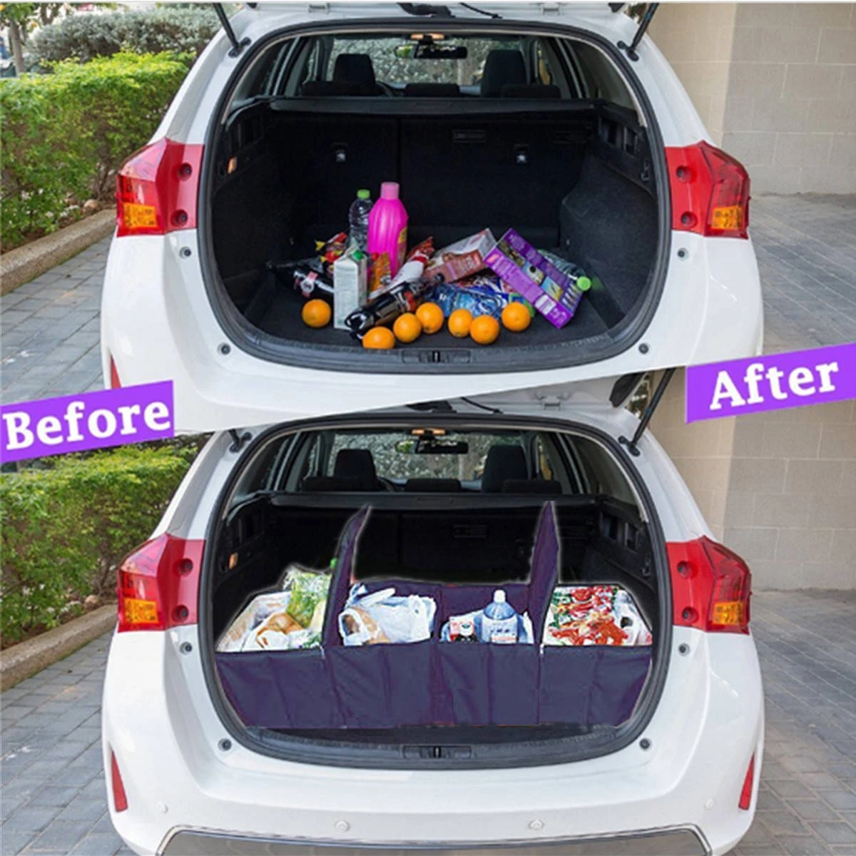 

Auto Trunk Storage Box Container Big Capacity Foldable Expandable Cargo Trunk Organizer 4 Grids Bin (Navy)