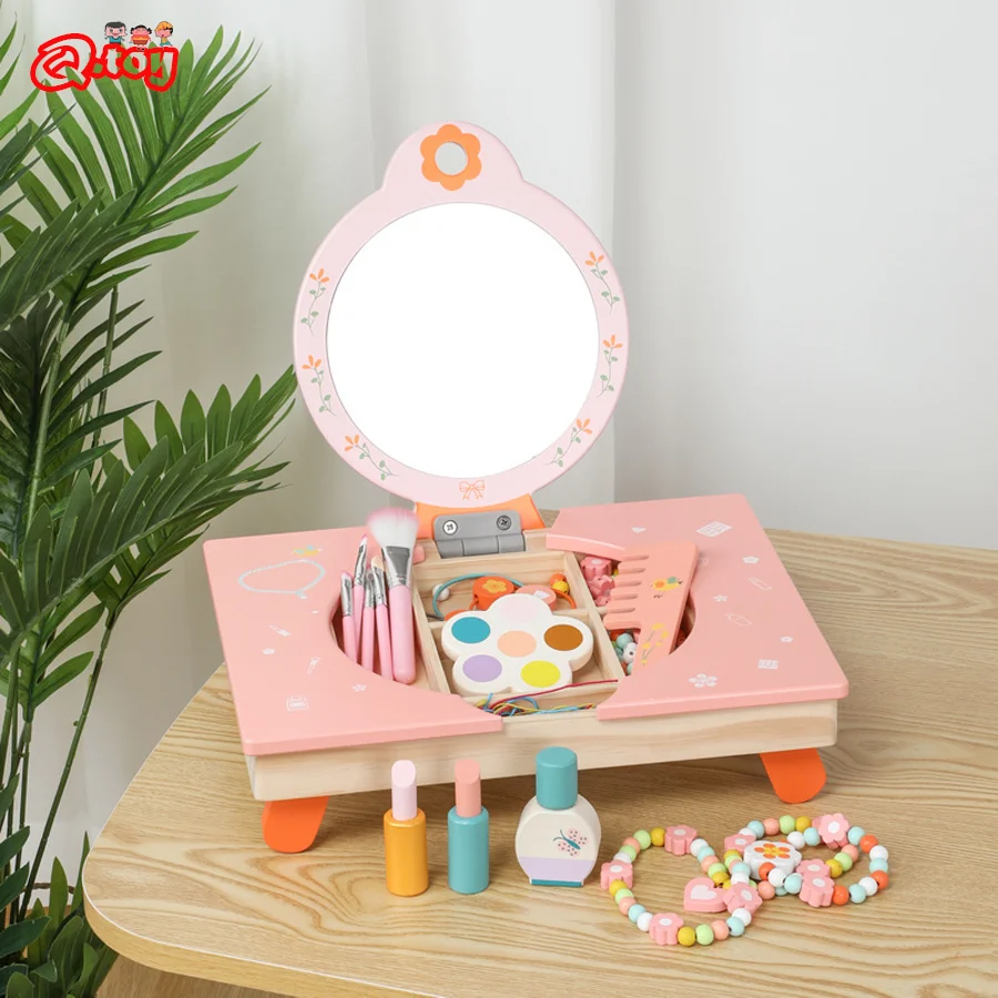 Wooden Dresser Make Up Pretend Play Toys for Girls Beautiful Makeup Set Children Simulation Educational Toys Dressing Cosmetic