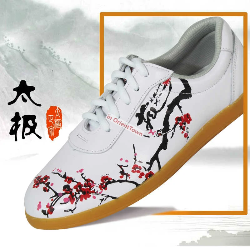 Genuine Leather Plum Blossom Pattern Tai Chi Shoe Women Soft Tendon Sole Martial Arts Shoes Breathable Exercise Sneakers OA019