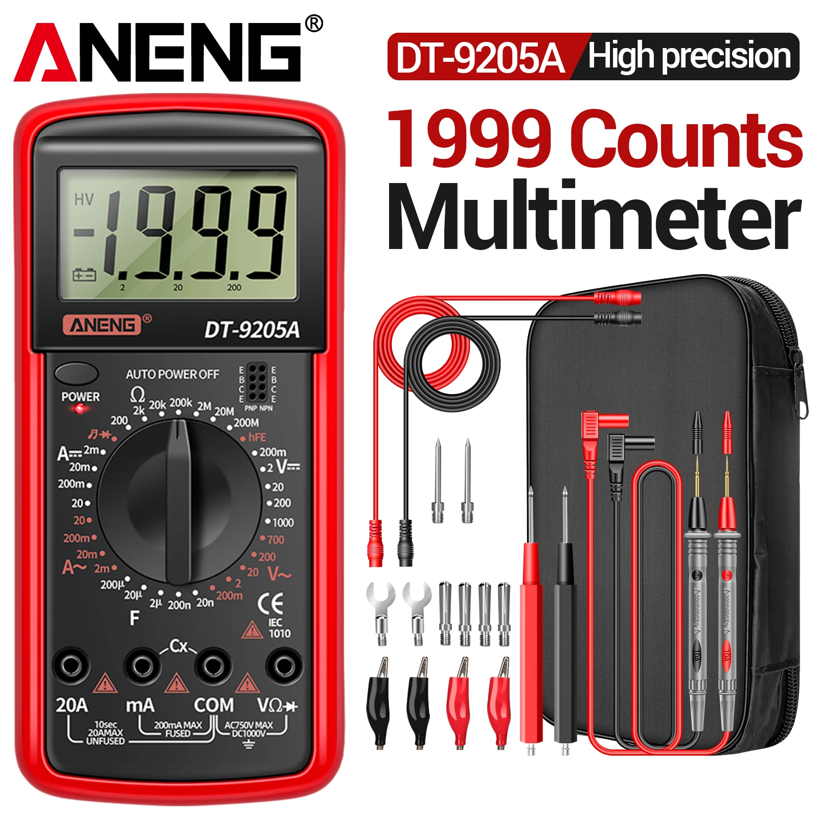 

Digital Professional Multimeter ANENG DT9205A 1999 Counts True RMS AC/DC Transistor Voltage Tester Auto Range Multimetro Tool