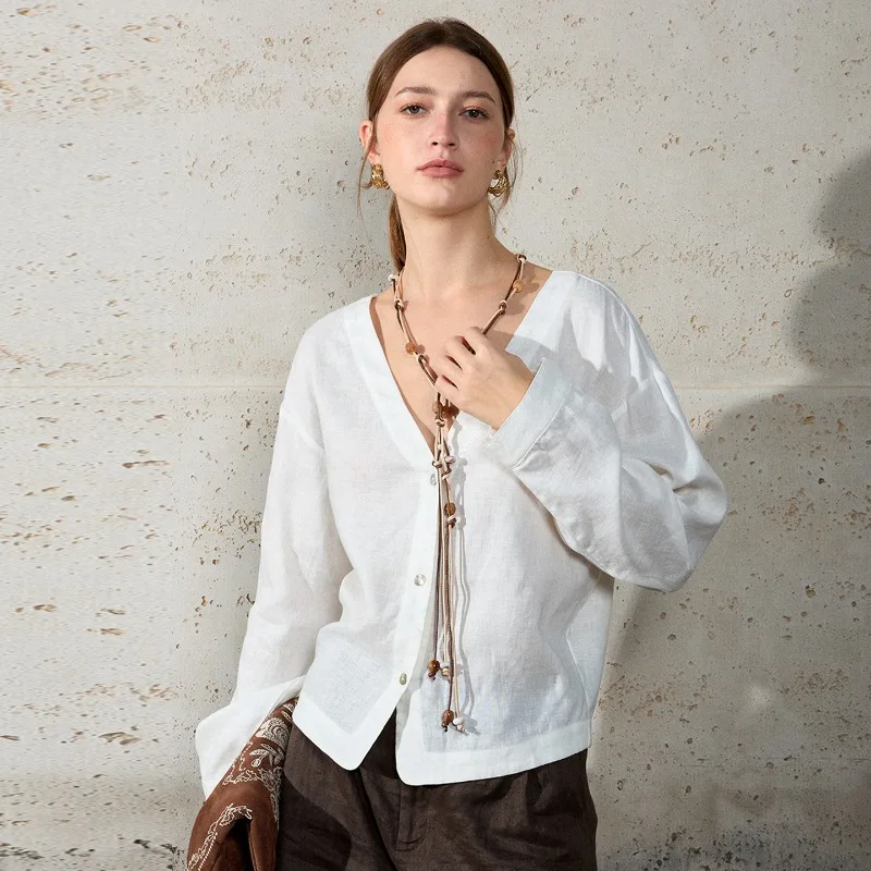 Retro Pure 100% Linen Long-sleeved Blouse Women Spring and Summer V-neck Loose Sun-protective Shirts Casual Button White Tops
