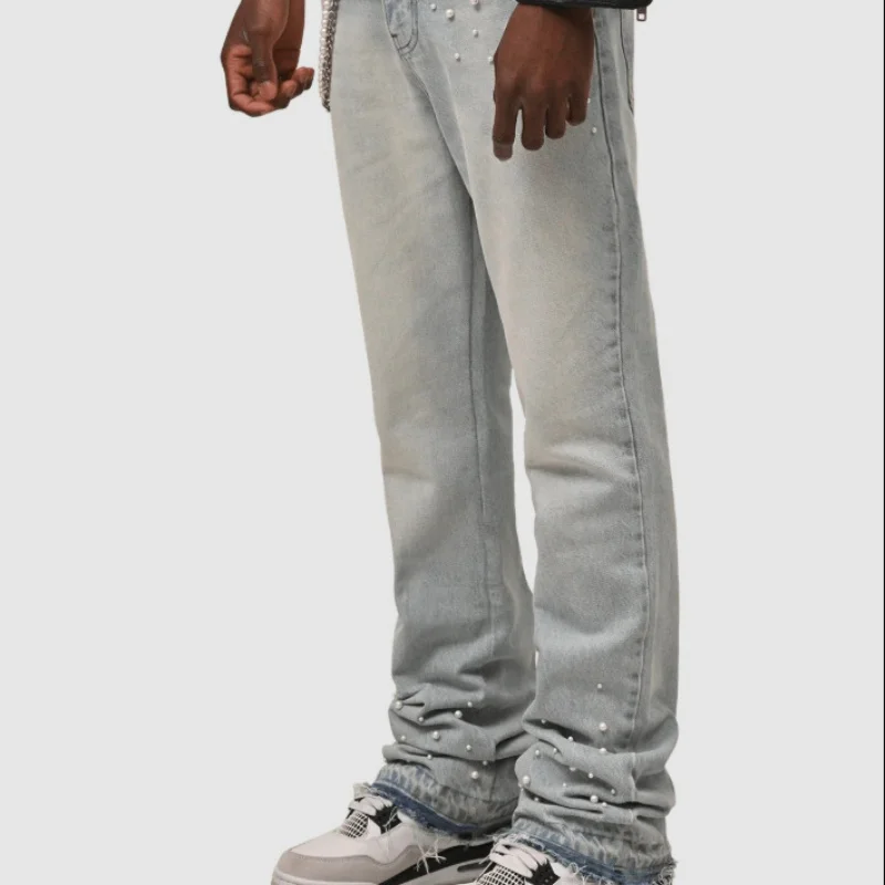 جينز رجالي مكدس باللؤلؤ الأمريكي القديم الجديد لعام 2025 بأرجل مستقيمة قابلة للتمدد من قماش الدنيم ملابس عصرية جديدة للرجال