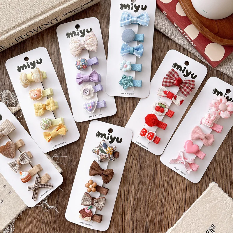 

5pcs/set Korean Cute Baby Hair Clips Set Snap Clip Bow Barrettes Sweet Cartoon Design for Girls Toddlers Baby-Safe Non-Slip