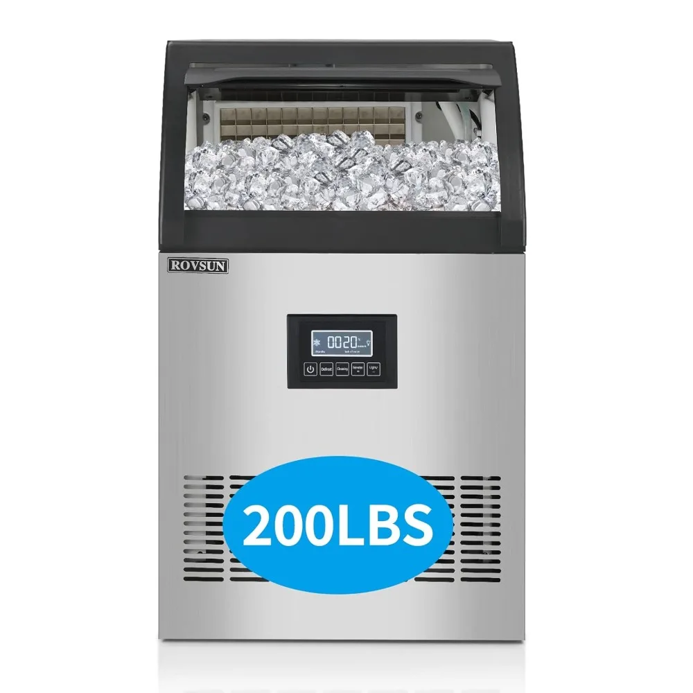 

200 pound/24-hour commercial ice maker, LED control panel, and 29 pound storage compartment, including spoon and connecting hose