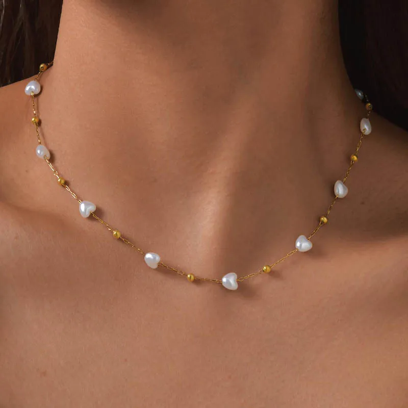 

Love Heart Pearl Beads Necklace for Women, 18k Gold Plated Chain Link Necklace, Waterproof Birthday Gifts