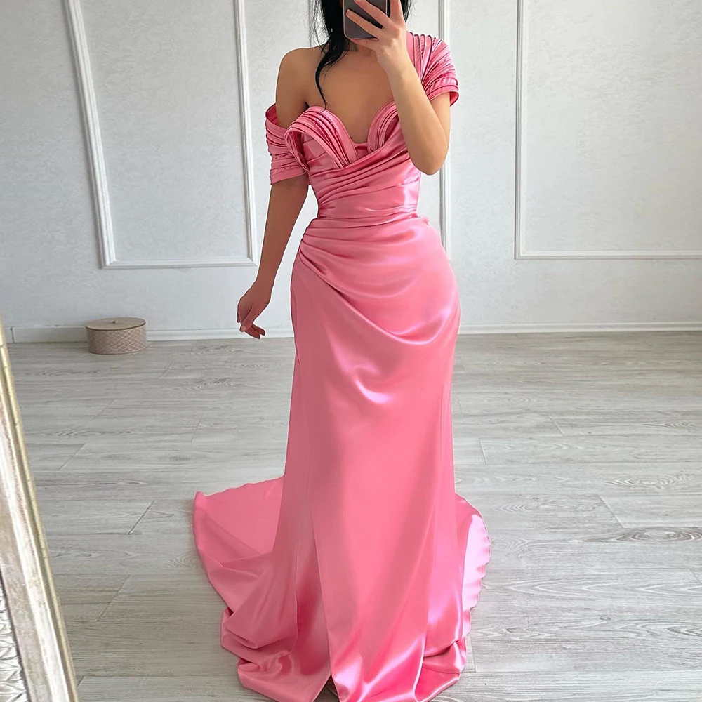 

Off the Shoulder Pleats Elegant luxury evening dress 2024 Pink Sweep Train Celebrity Gowns Sleeveless Sweetheart solid color