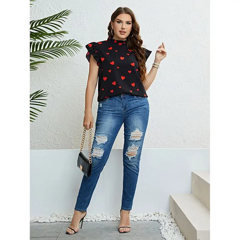 Summer Casual Tops plus Size Heart Print Women irt round Ne ort Sve Floral Print Maxi Dr Other Material 00%
