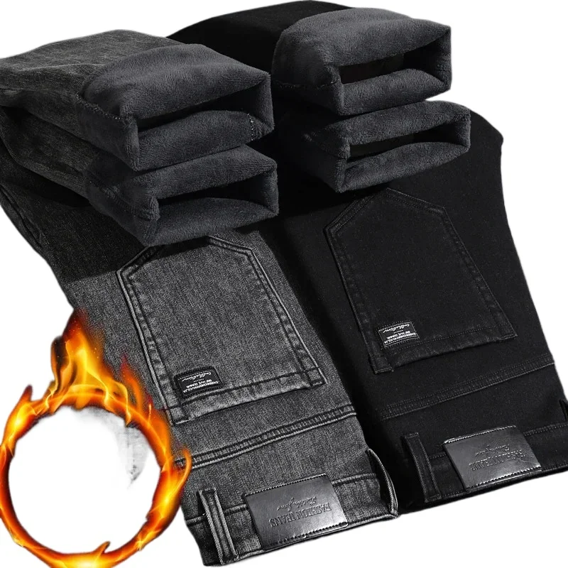 

Зимние теплые джинсы, мужские тонкие прямые эластичные джинсовые брюки, повседневная мужская одежда, модные плюшевые брюки, новая горячая распродажа, модные джинсы