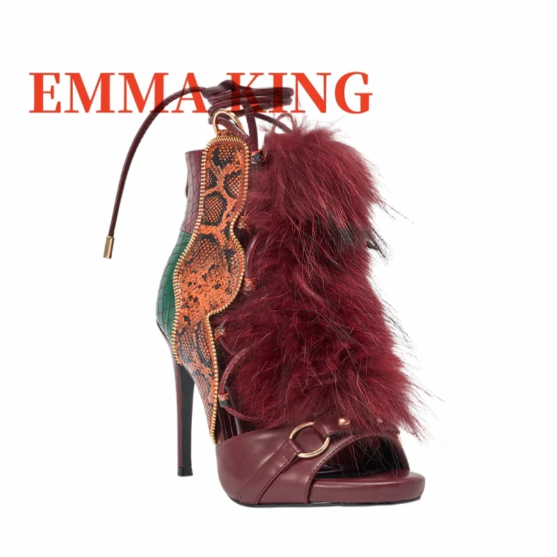 Mehrfarbige Stiletto-Sandalen für Damen, knöchelhohe Sandalen in Schlangenrot, Schnür-High-Heels aus Kunstfell für Damen, Vintage-Schuhe mit Ausschnitten