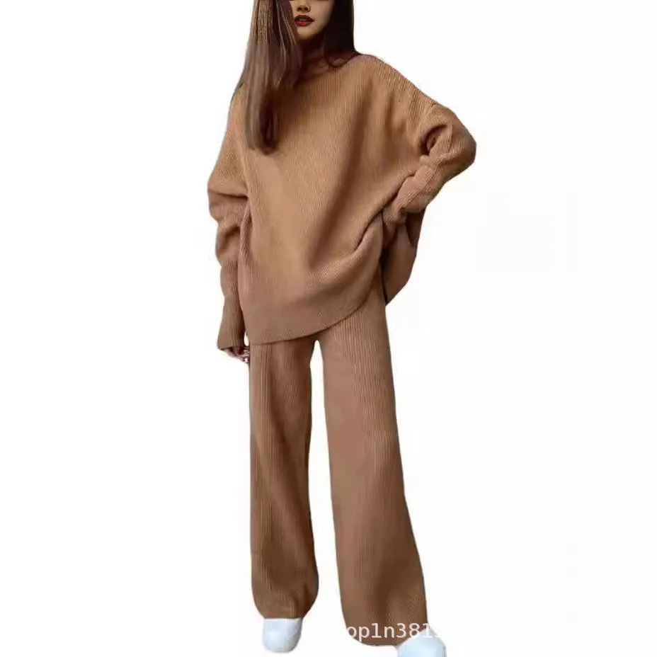 秋冬万能ラウンドネック無地スーツ レディース 長袖トップス ワイドレッグパンツ ツーピースセット 女性用パンツ