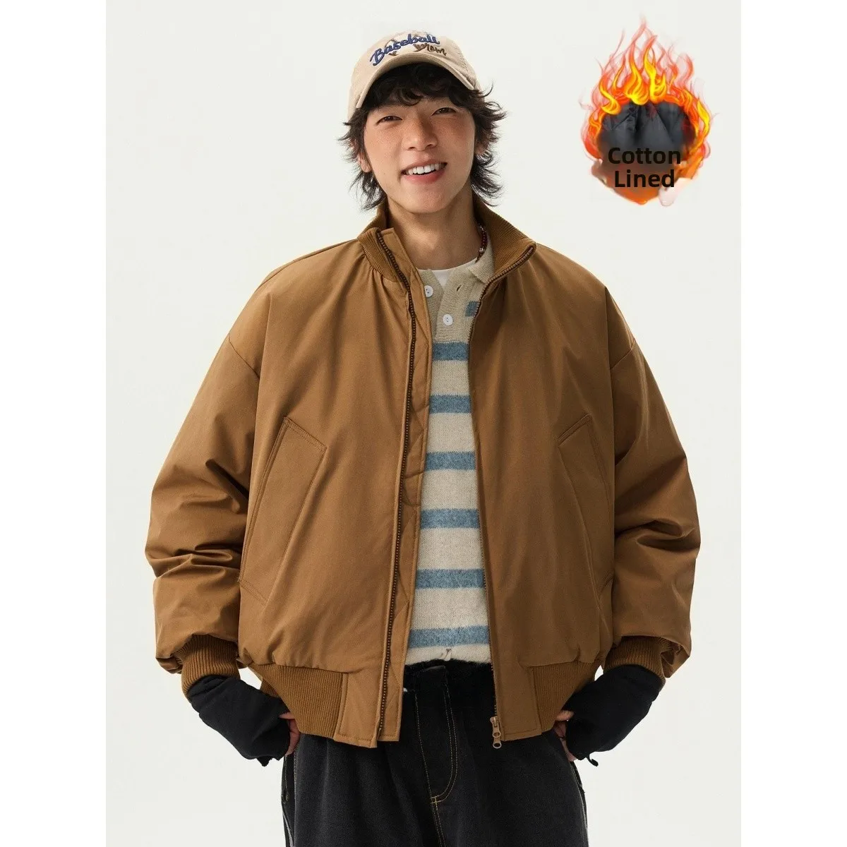 

Теплая хлопковая куртка для мужчин, зимняя рабочая одежда, американский стиль, воротник-стойка, куртка-пилот, полиэстер, длинный рукав, молния...