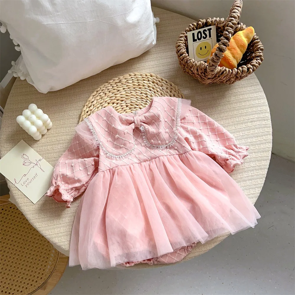 

Spring Ins 2024 Baby Girls Fluffy Dress Cotton Knotbow Collar Long Sleeve Warpped Mesh Infant Girls Rompers Newborn Girl Outfit