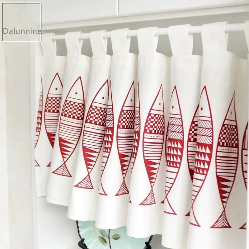 Japanese Style Fish Pattern Short Curtain Thickened Hemp Cotton Coffee Kitchen Door Partition Curtains