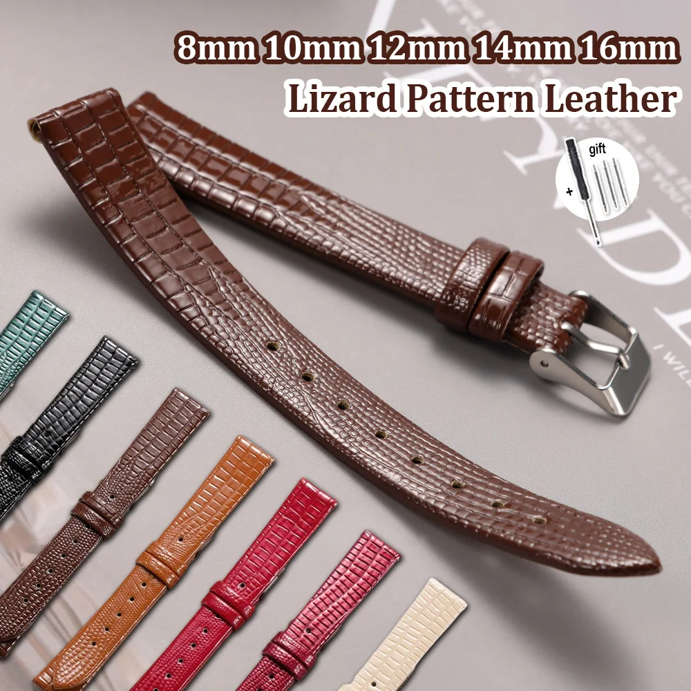 

Ultra-thin Cowhide Watch Strap 8mm 10mm 12mm 14mm 16mm Lizard-patterned Slim Calfskin Watch Band Waterproof Bracelet with Tool