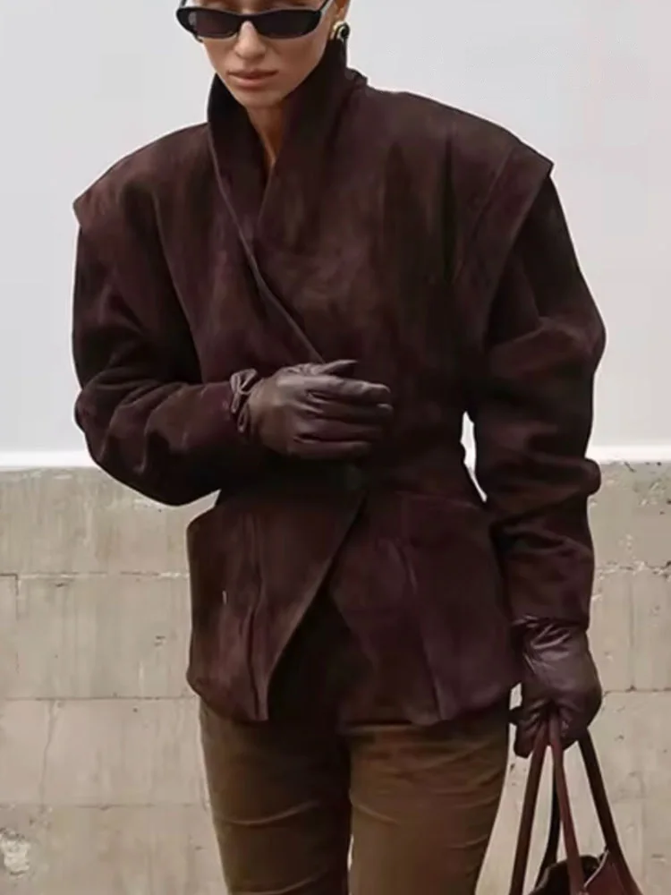 

TRAFZA Woman's Autumn Fashion Vintage V-neck Suede Single-button Blazer Female Chic Long Sleeve Pocket Decoration Casual Jacket