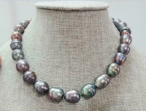 Gorgeous 10-12mm AAA tahitian black baroque pearl necklace 18inch 14k gold