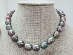 Gorgeous 10-12mm AAA tahitian black baroque pearl necklace 18inch 14k gold