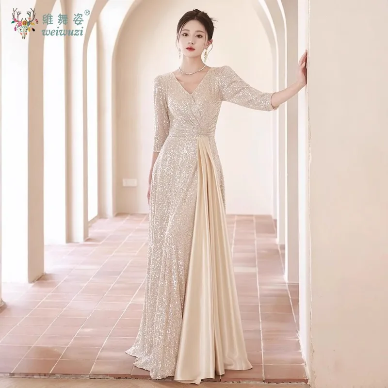 

Autumn New Arrivals Women High-end Luxury V-neck Waist Cinching Sequined Evening Dresses Graduation Host Sequin Evening Dresses