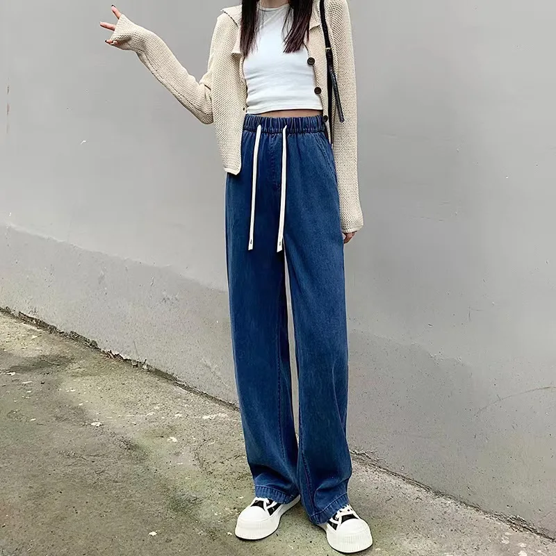 Women's Jeans Summmer High Waist Drawstring Slim Soft Denim Pants Korean Casual Loose Straight Wide Leg Trousers 2023 New