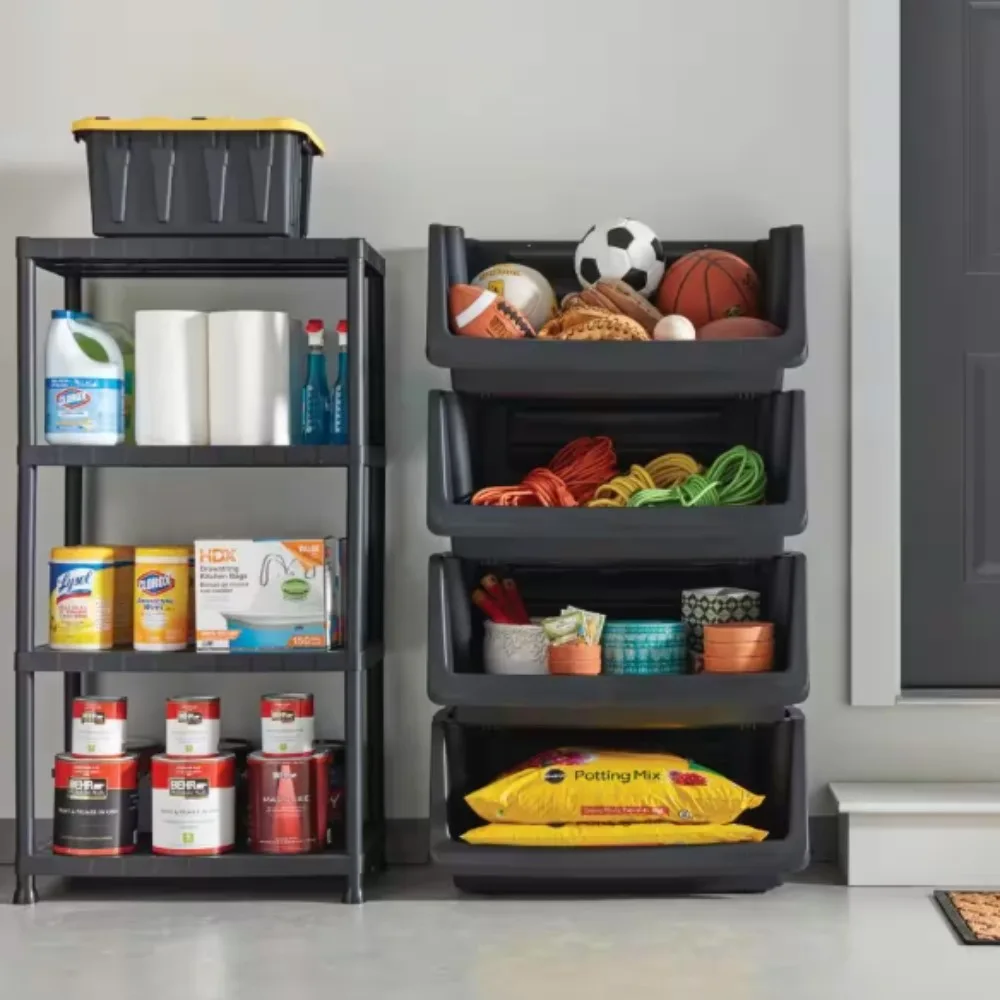 4-Tier Easy Assembly Scratch Resistant Plastic Garage Storage Shelving Unit in Black