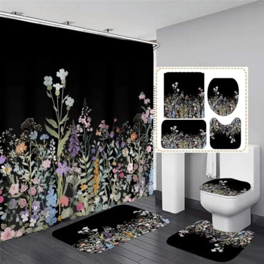 

4 Pcs Floral Shower Curtain Set Black Shower Curtain and Rug Set Colorful Floral Bathroom Decor Sets with Shower Curtains and R