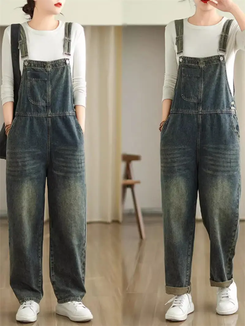 

Denim Strap Long Pants For Women's Jumpsuit 2024 New Early Spring Retro Distressed Slimming Straight Jeans Trousers Z4711