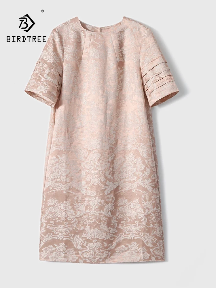 

BirdTree-18%Silk 48.6%Linen Elegant Dress, O Neck Short Sleeve Jacquard, Women Retro Temperament Dress, 2026 Summer New D63475CC