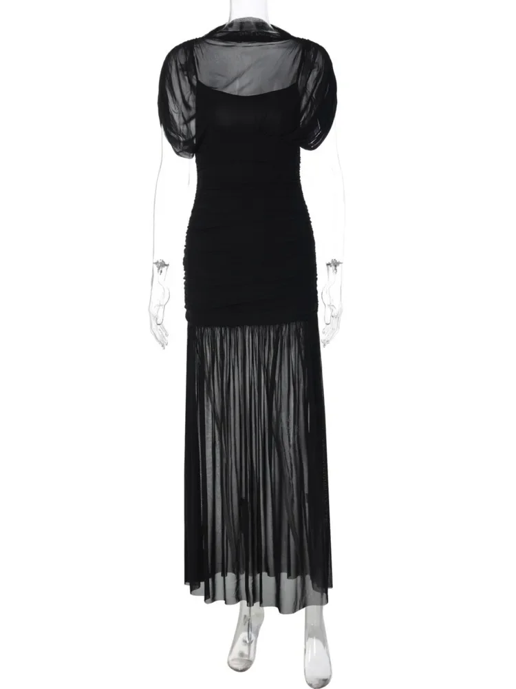 XIAOTANG Mesh Sleeveless Sexy Maxi Dress Women Gown Elegant Half High Collar High Waist Bodycon Ruched Club Party Long Dresses