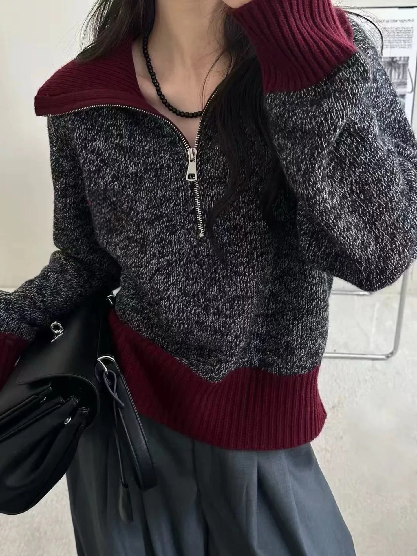 

Зимний контрастный свитер из чистого кашемира на молнии с высоким воротником, женский высококачественный осенне-зимний свитер с толстыми лацканами