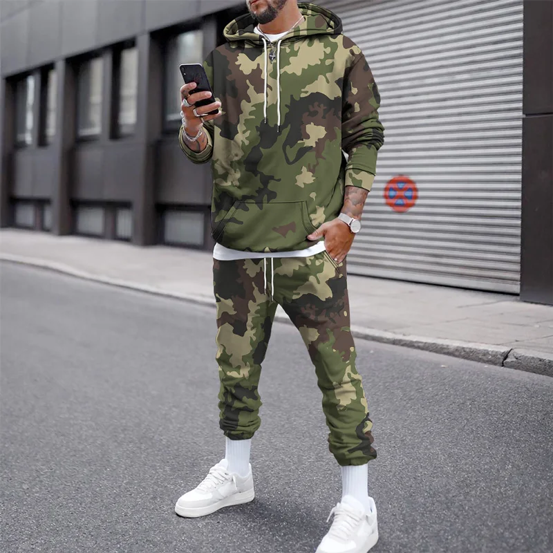 Camouflage Patterns Digital Print Men\'s Hoodies+Pants Tracksuit Two Piece Fashion Men Kids Fall/winter Casual Street Sweatshirt