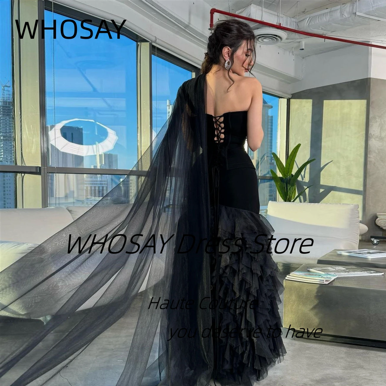 WHOSAY Newest 2024 Black Ruffles Prom Dresses One Shoulder Beaded Lace Up Sexy Back Cocktail Party Saudi Women Evening Gowns