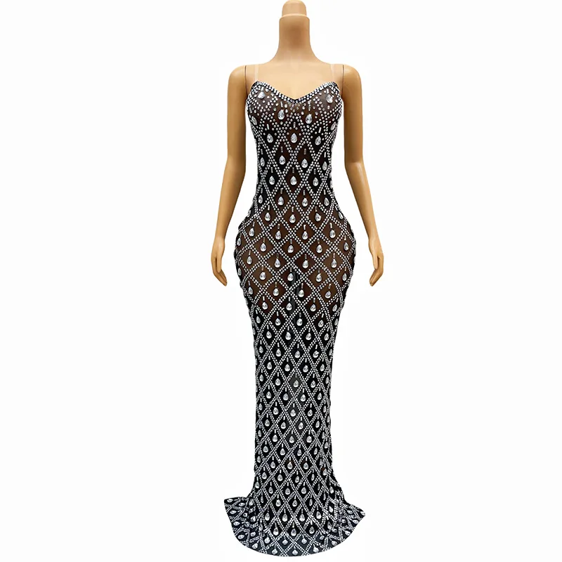 

Diamond Birthday Costume Black Slim Dress Singer Daily Party Banquet Party Vestidos De Noche Vestidos Con Manga Fiesta Elegantes