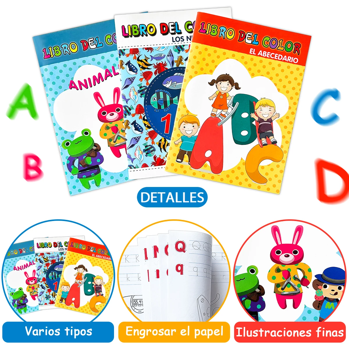 Spanish children's coloring book, ABC letters and animal themes, Montessori thick paper, for children aged 3 to 6 to learn