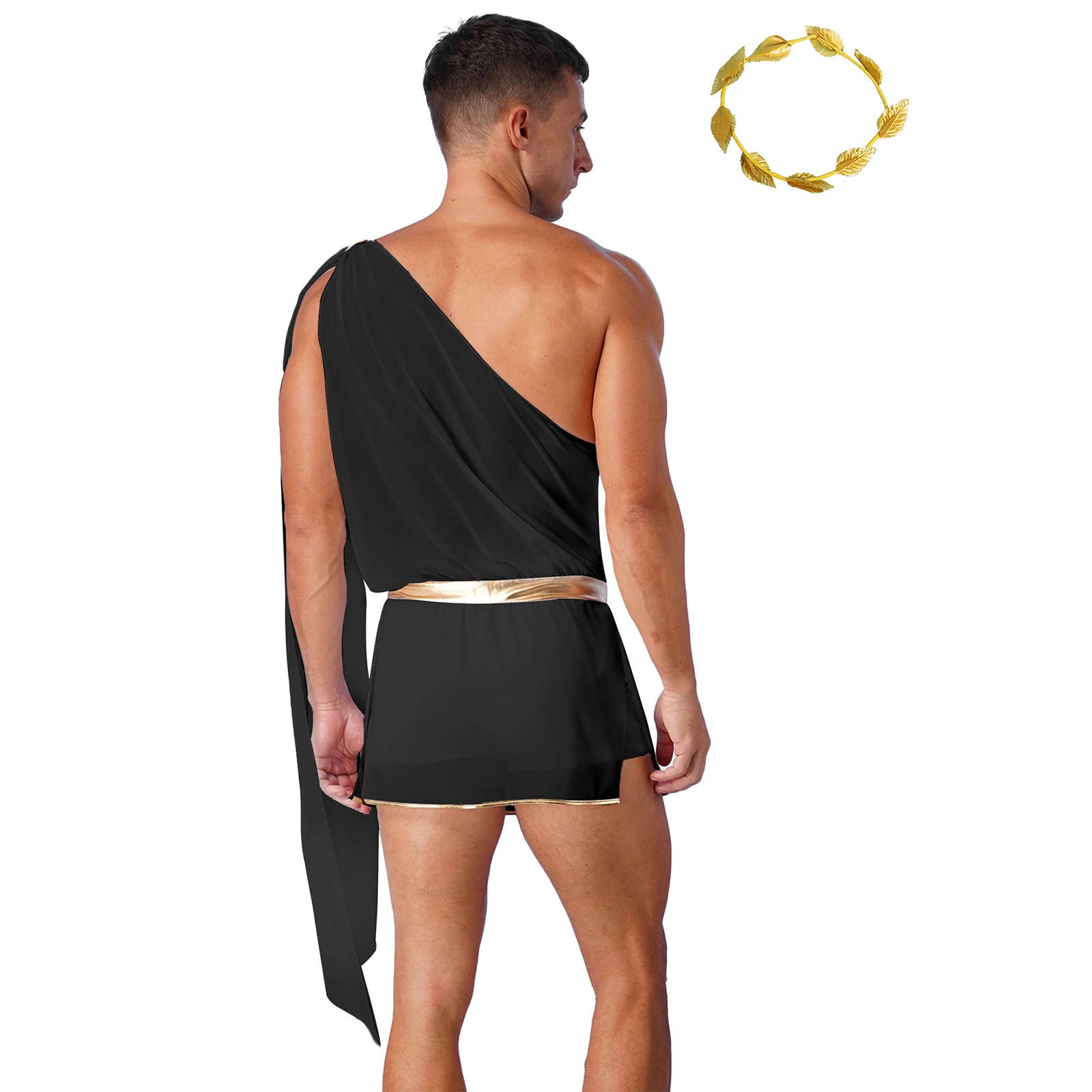 Men Ancient Greek Costume Halloween Cosplay Fancy Dress Up One Shoulder Skirted Bodysuit with Gold Leaves Garland Headwear Set