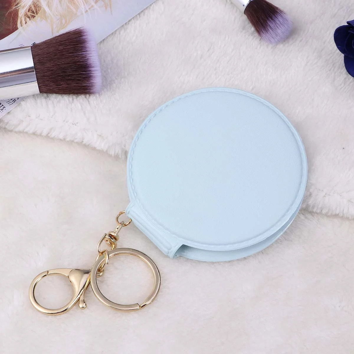 Mini Pocket Makeup Mirror Double Side Foldable PU Frame Light Blue Portable Small Mirror for Purse on-The-Go Touch-Ups