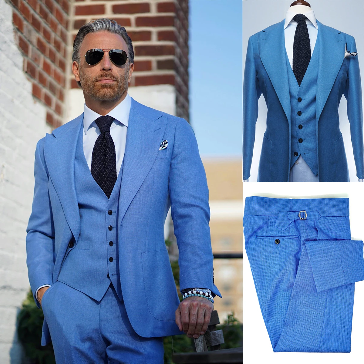 Blue Men's Suits Tailored 3 Pieces Blazer Vest Pants One Button Wedding Peaked Lapel Slim Fit Formal Custom Made Plus Size