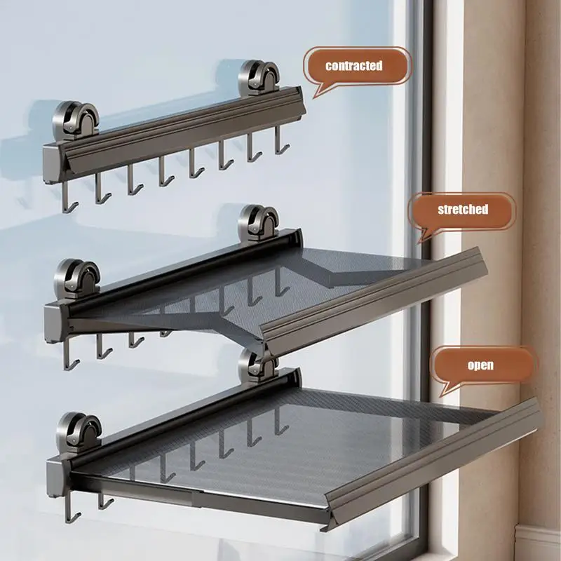 Laundry Drying Rack Wall Mount Retractable Suction Cup Wall Mounted Clothes Drying Rack with Net Folding Clothes Drying Solution