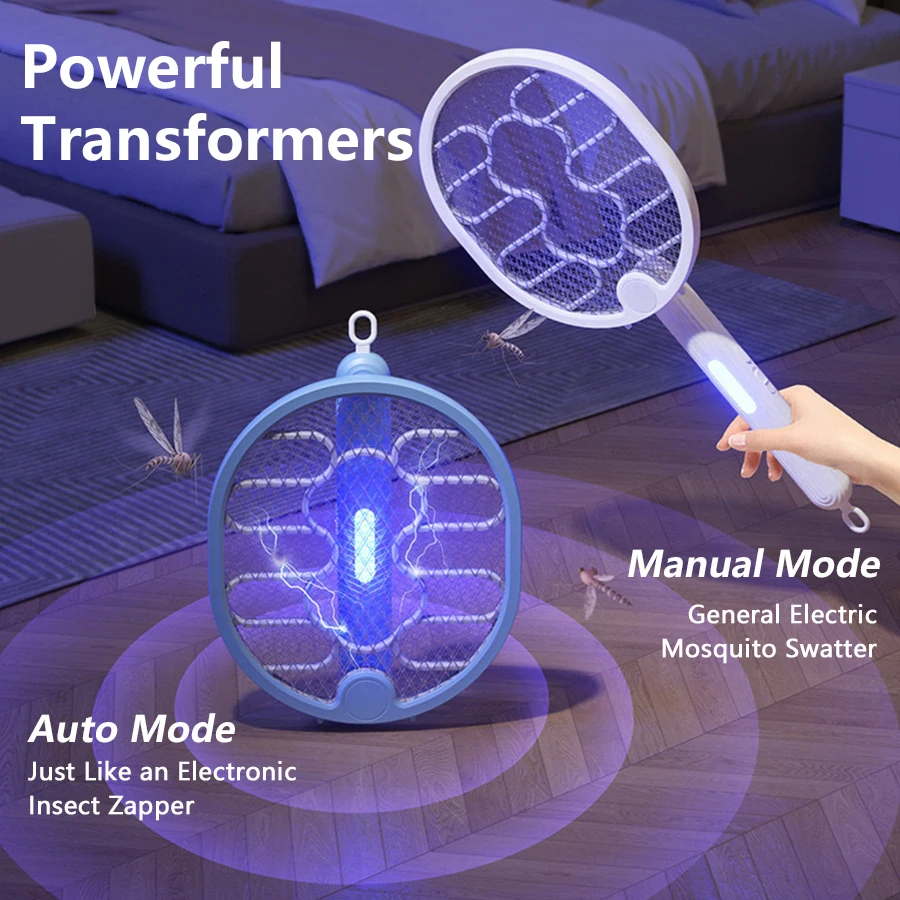 Electric Fly Swatter Racket 2 in 1 Smart Bug Zapper with USB Rechargeable Base Powerful Mosquitoes Trap Lamp Fly Killer