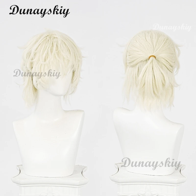 لوكا لوكا شعر مستعار أنيمي الغريبة المرحلة R7 تأثيري الدعامة شعر مستعار قصير الذهبي مجعد الشعر هالوين عيد الميلاد لعب الأدوار الرجال الباروكات مخصصة