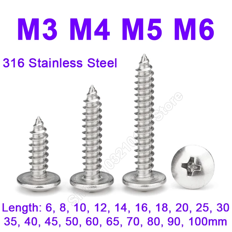 

Phillips Recessed Truss Head Self-tapping Screw M3 M4 M5 M6 316 Stainless Steel Cross Mushroom Head Wood Screws Length 6-100mm