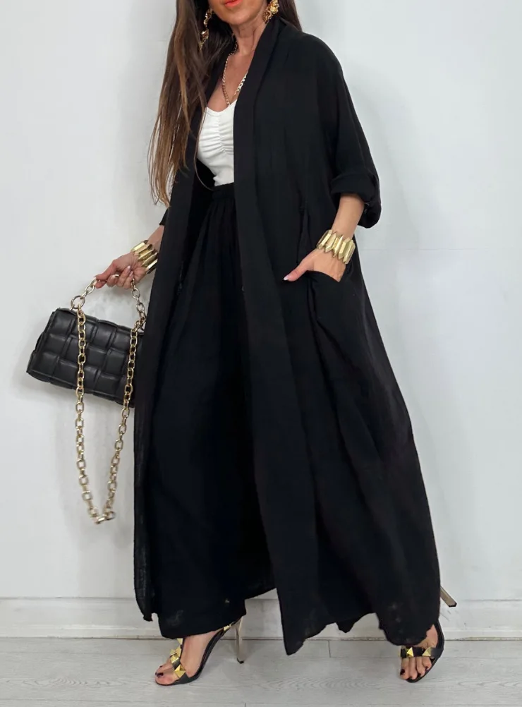 Set casual in due pezzi alla moda primavera maniche lunghe larghe tasche grandi cardigan esteso pantaloni a gamba larga a vita alta set per le donne