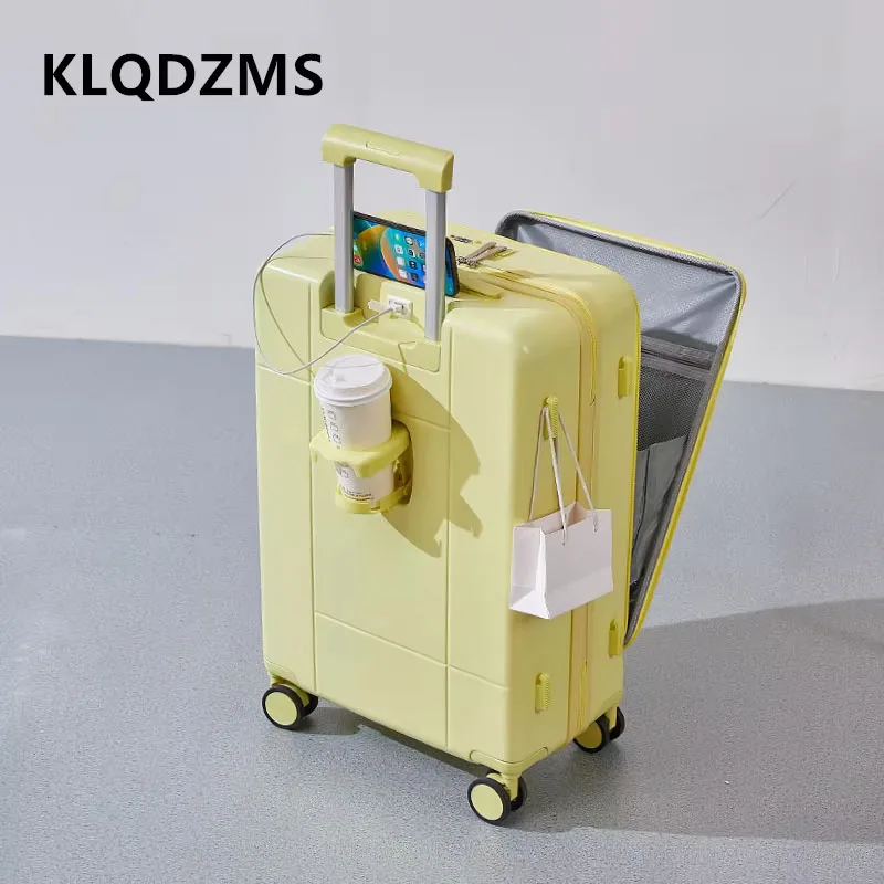 KLQDZMS Laptop Suitcase Front Opening PC Boarding Case USB Charging Trolley Case 20"22"24"26"28 Inch Women's Cabin Luggage